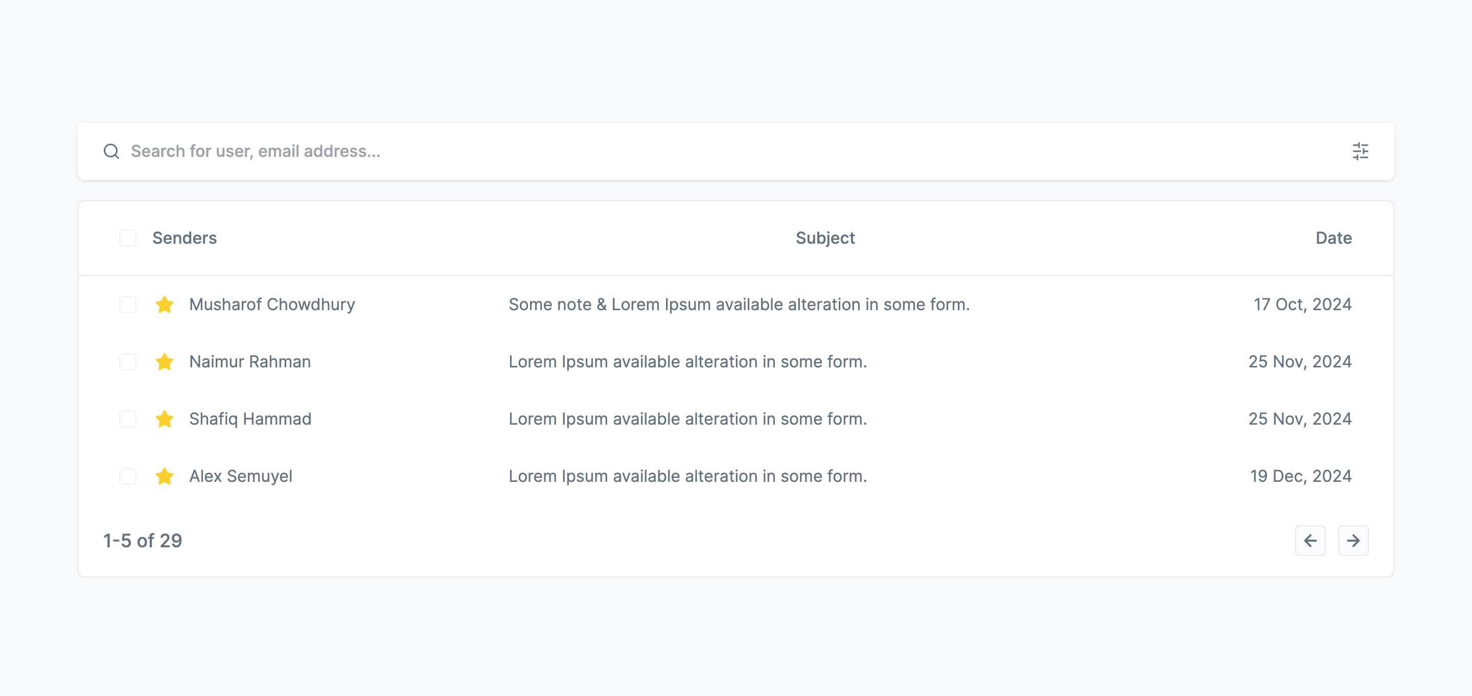 Inbox Table with Search and Pagination