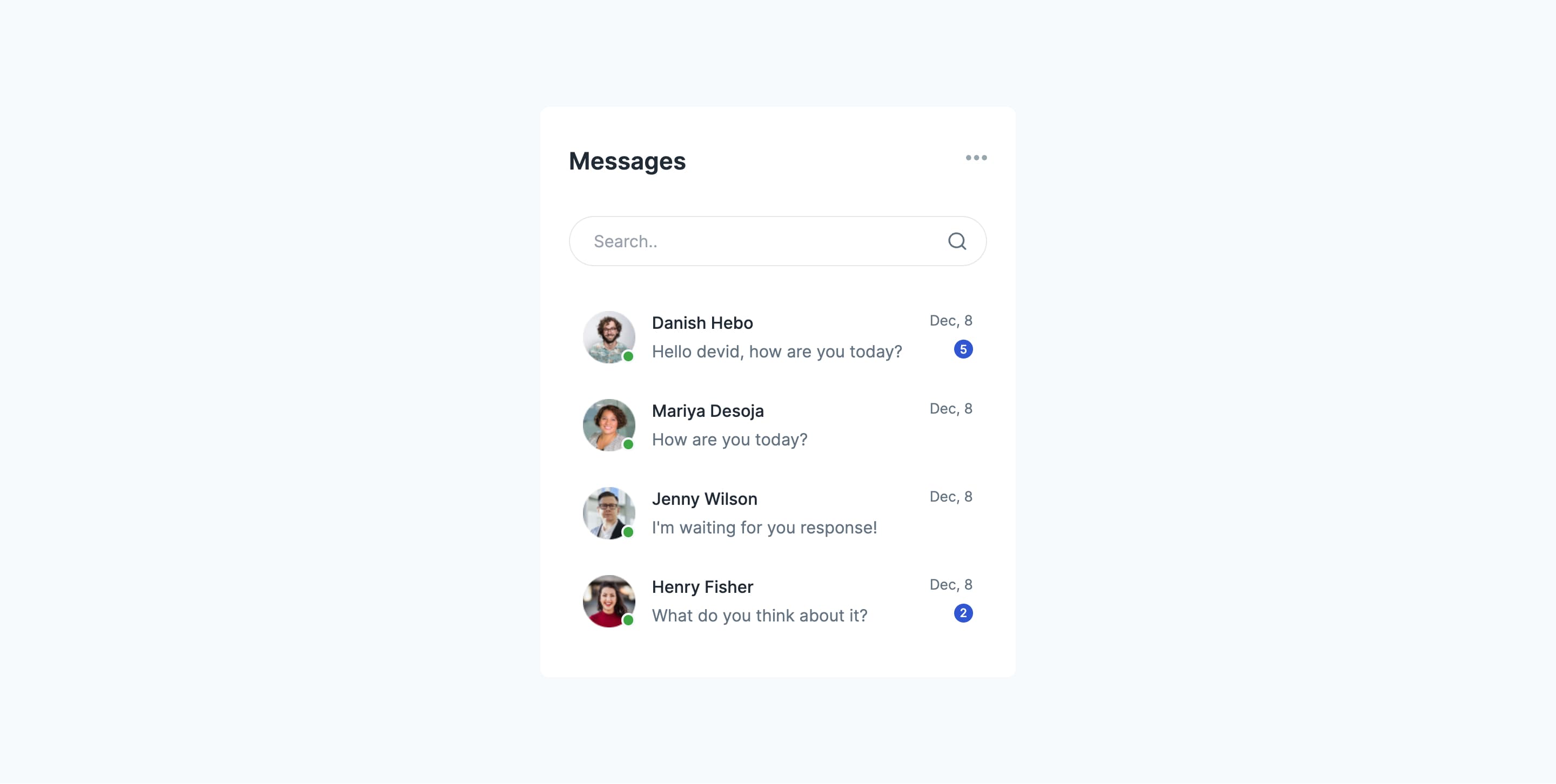 React Chat List with Search Bar and Actions Dropdown