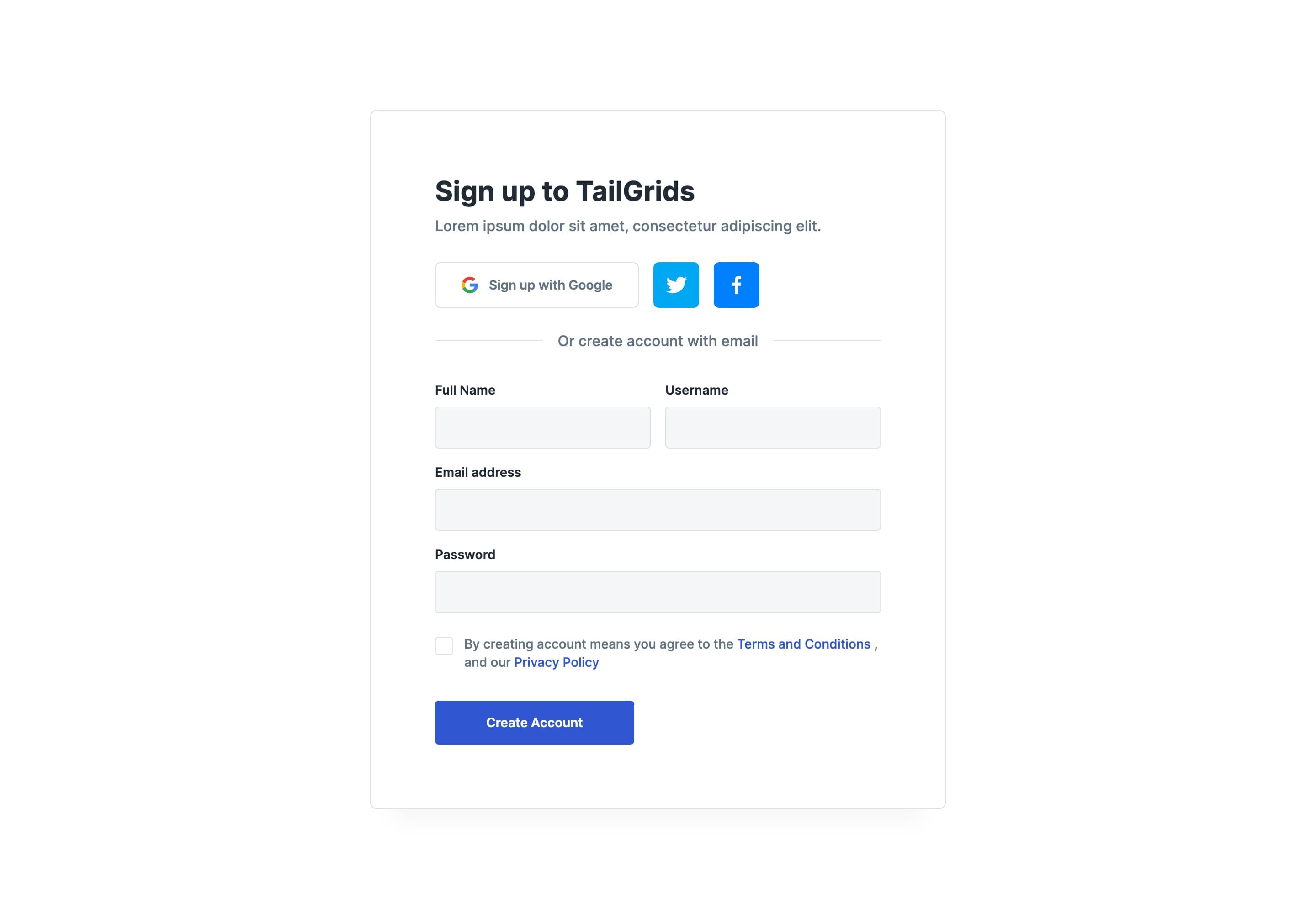 React Sign-Up Form with Social Media and Terms 