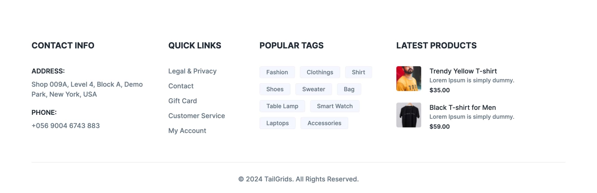 Footer with Tags and Latest Products