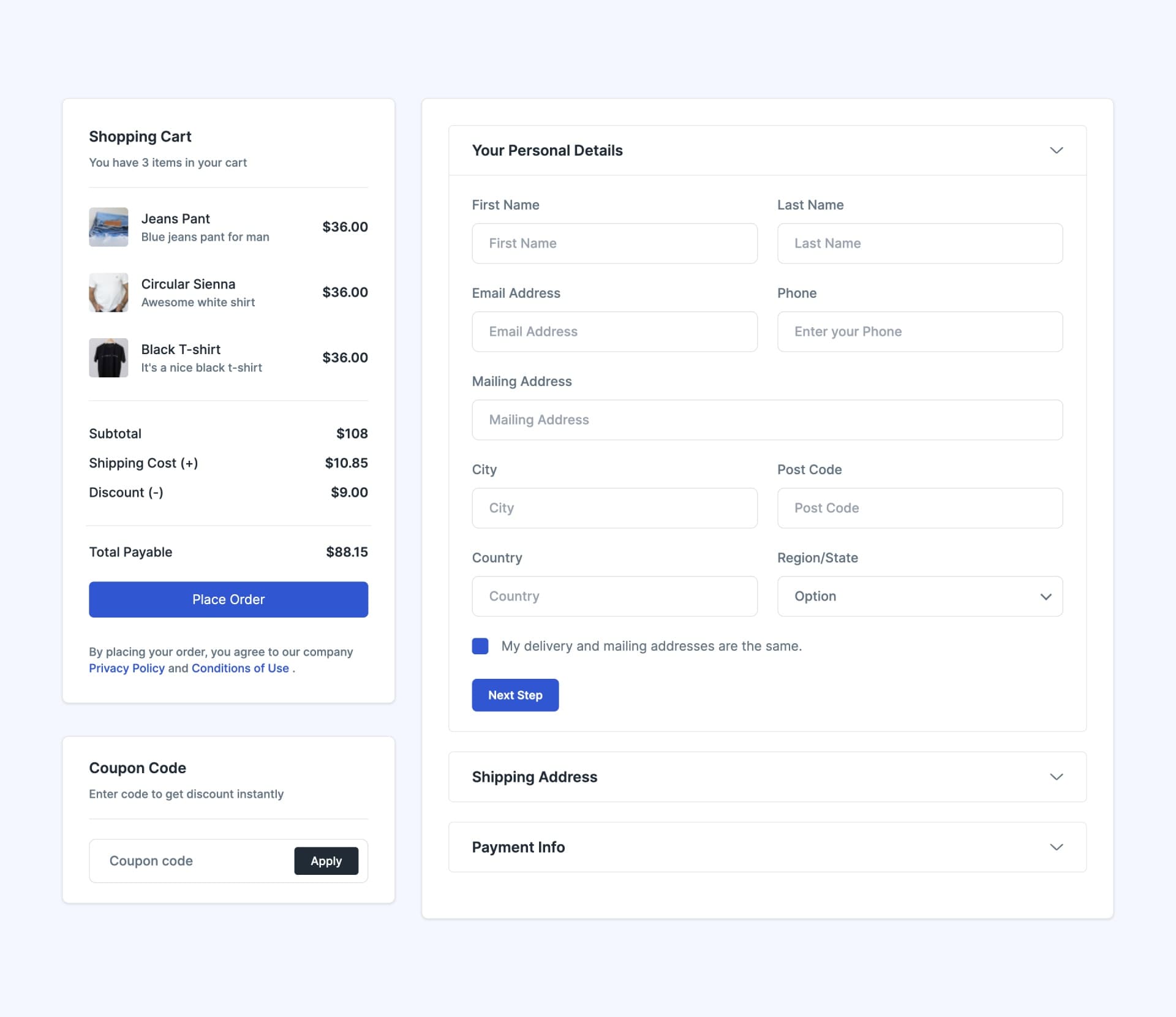 React Checkout with Order Summary and Coupon Code