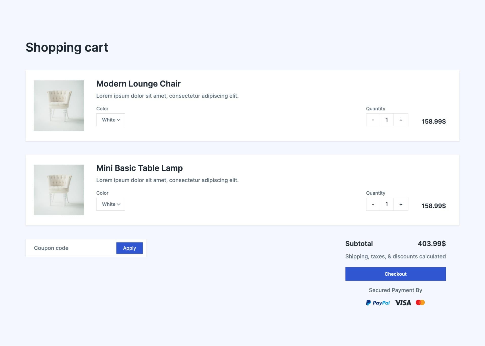 React Shopping Cart with Coupon Field and Checkout Summary