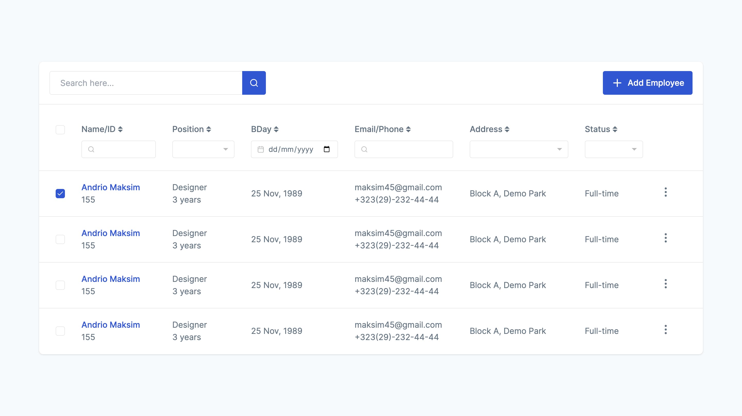 Employee Table with Filtering, Sorting, and Search