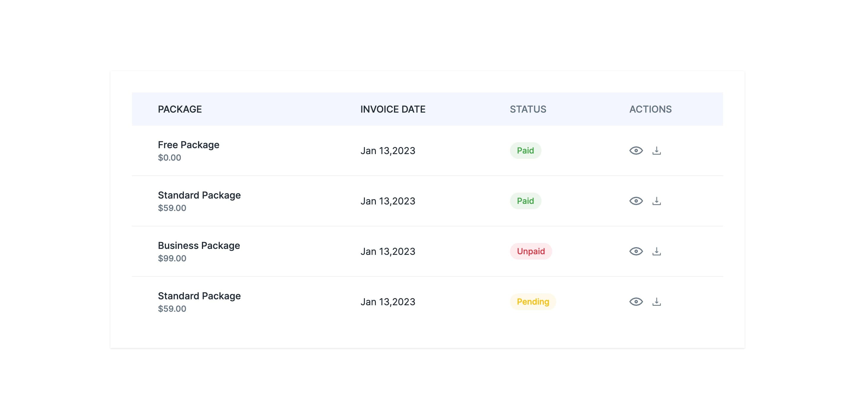 Invoice Table with Status Badges and Actions