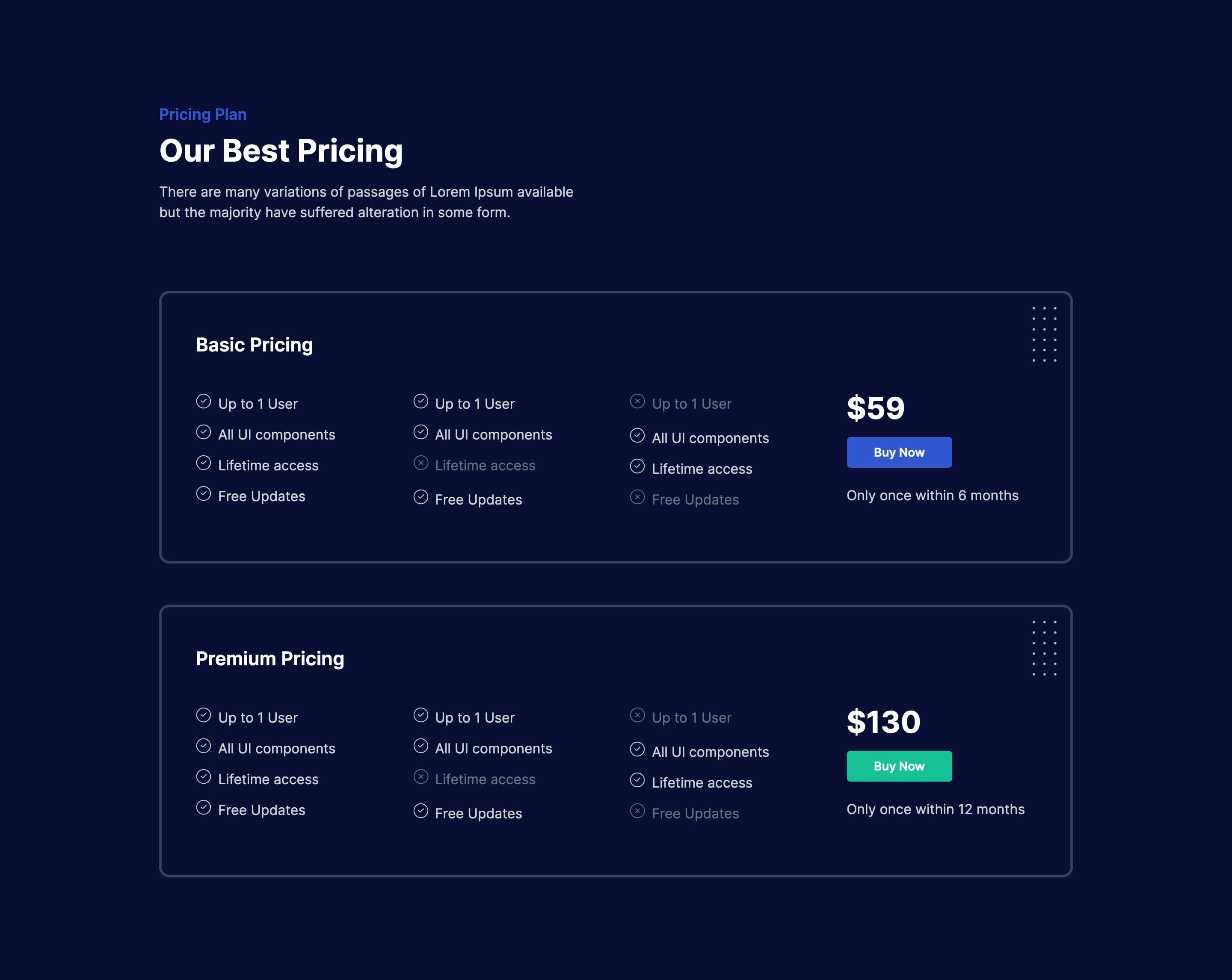 React Horizontal Pricing Table with Comparison