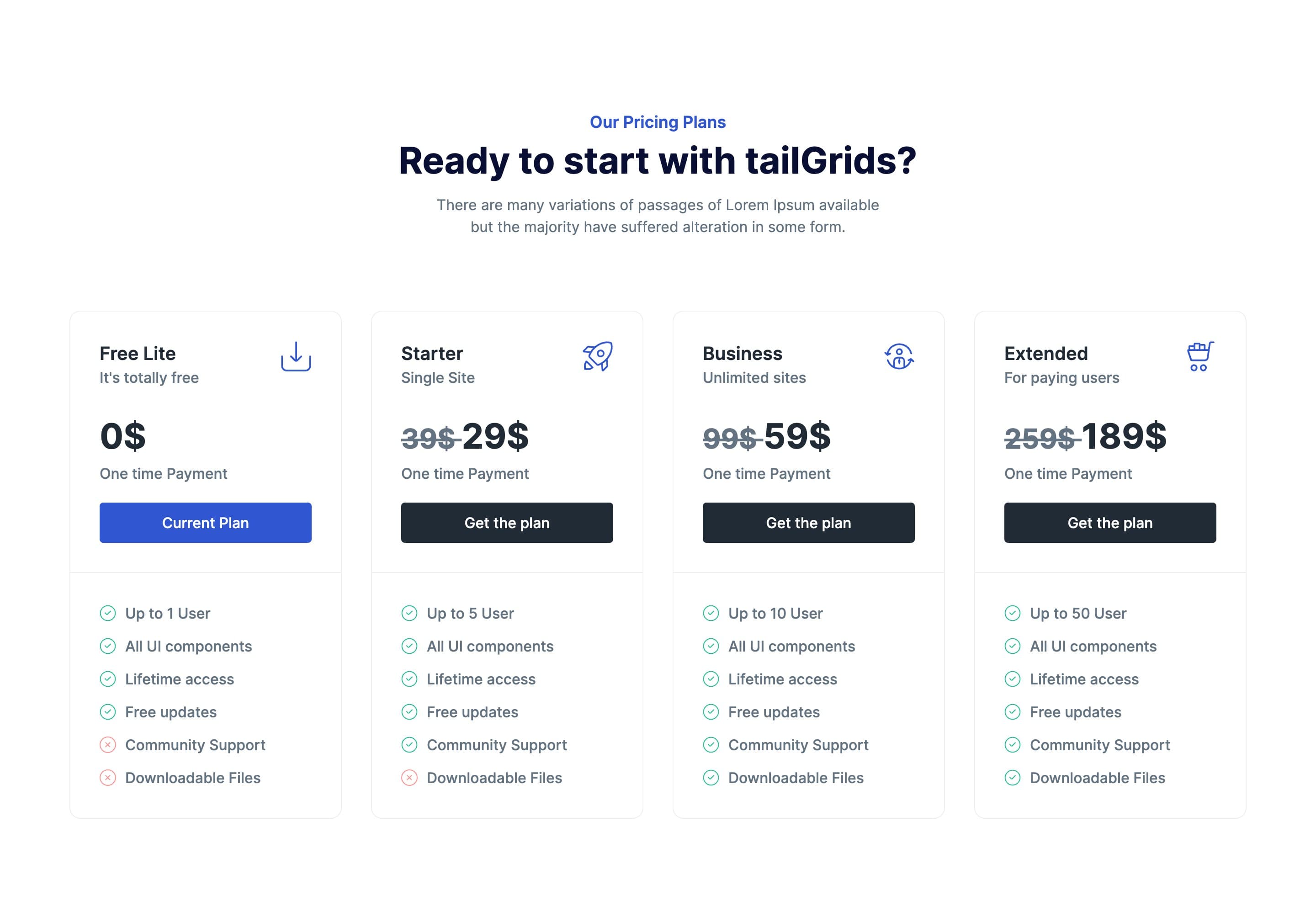 React Four-Tier Pricing Table with Feature Comparison