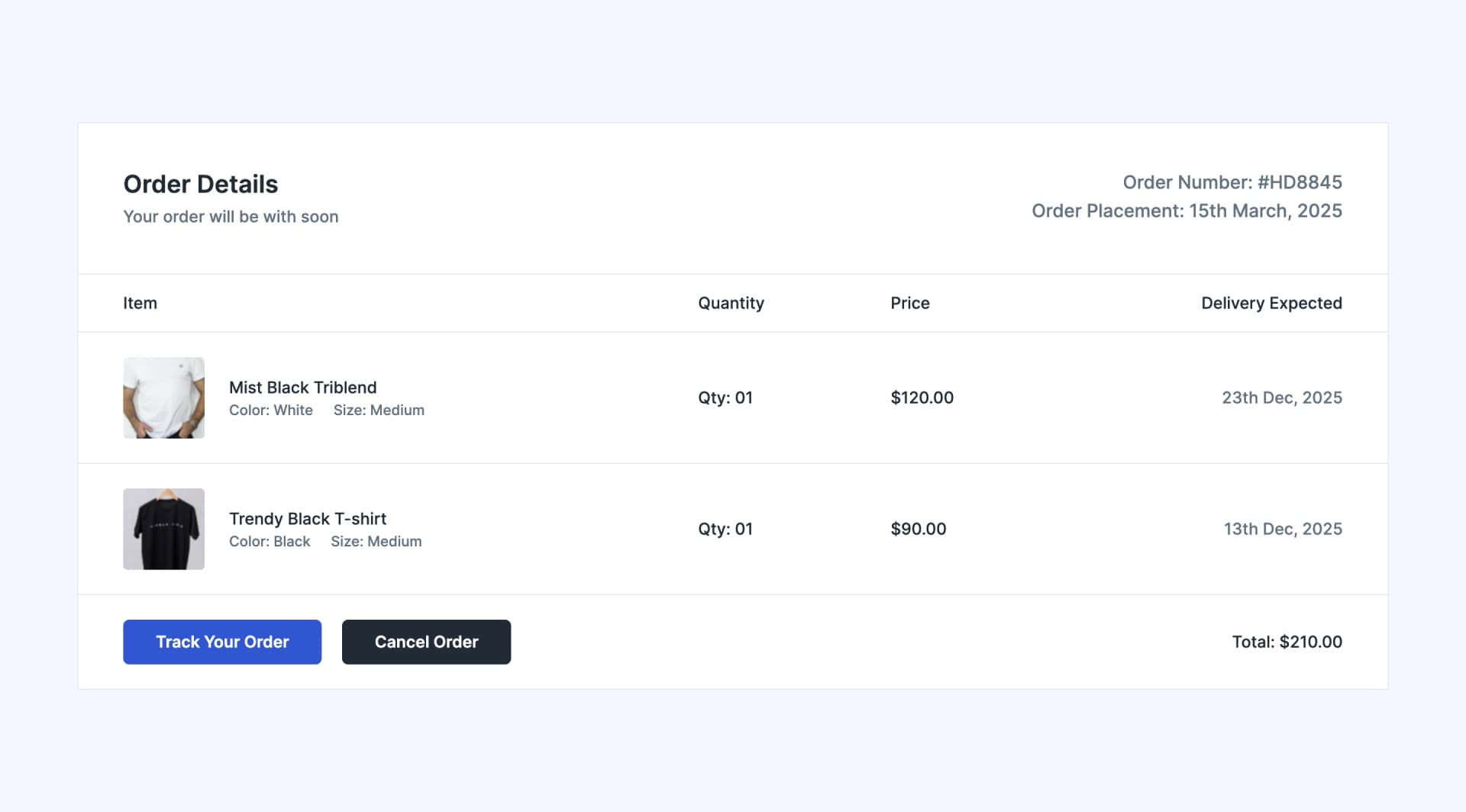  Order Summary with Tracking and Cancellation Options