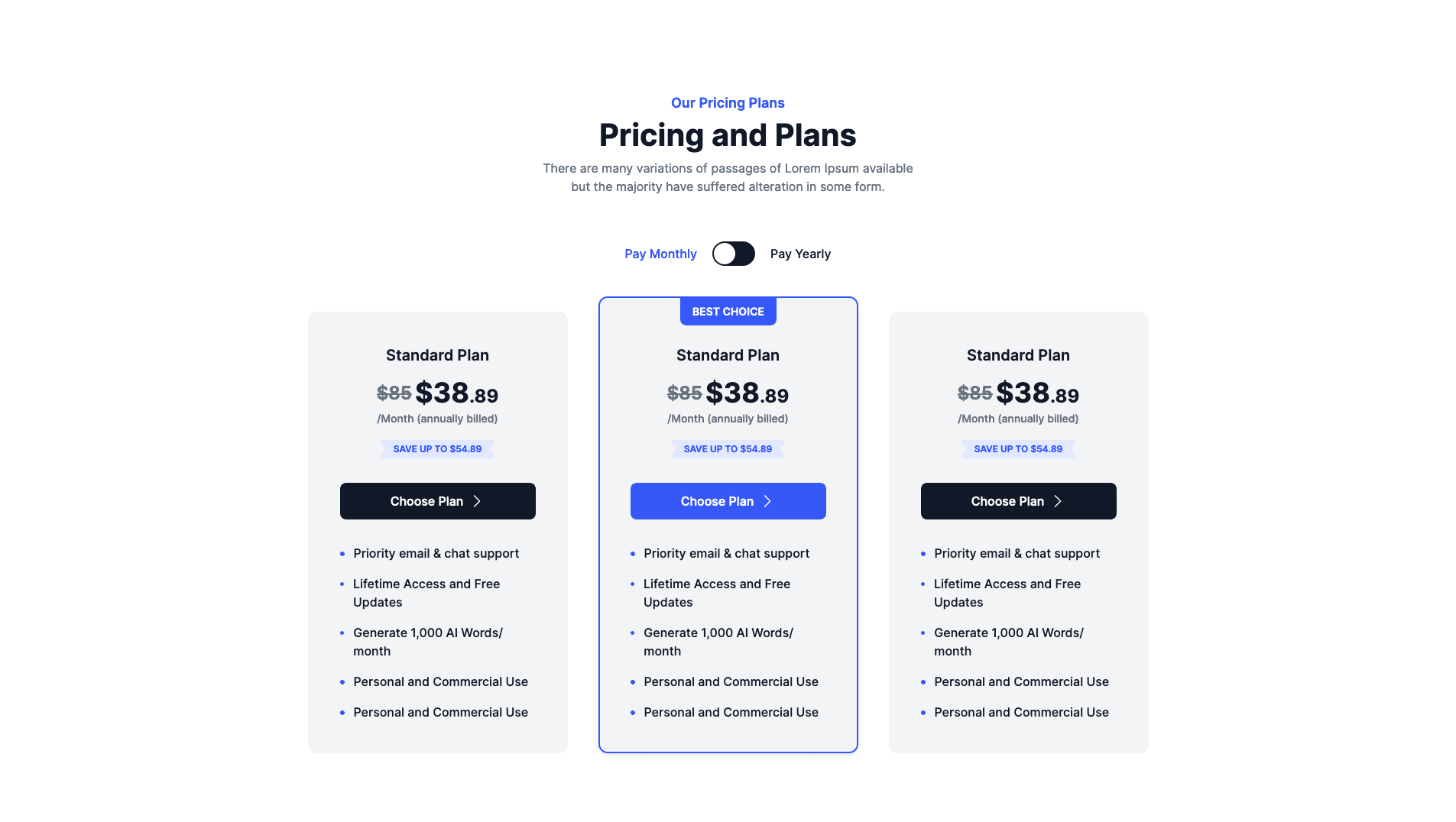 React Pricing Plan with Toggle and Highlights