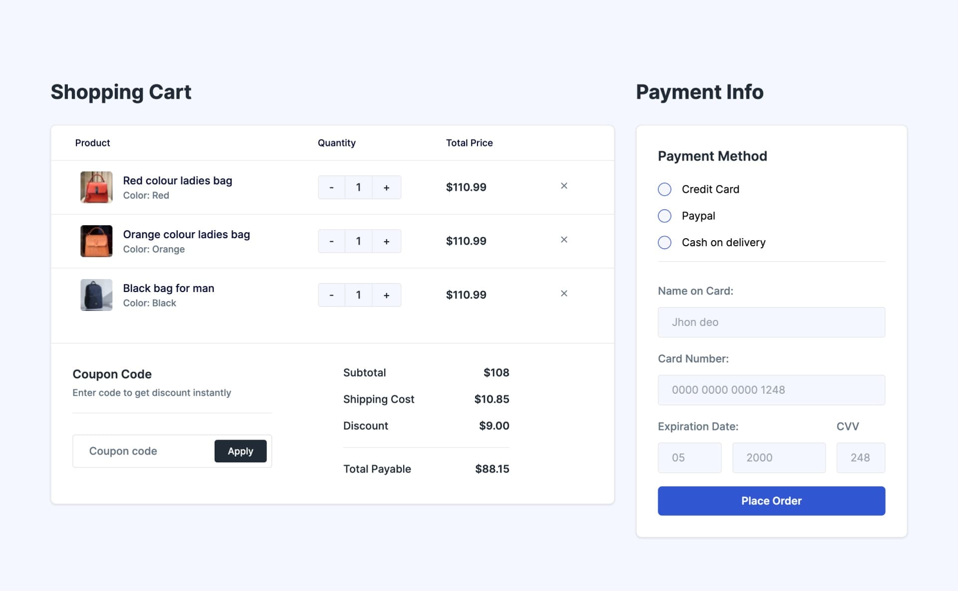 React E-commerce Checkout Page with Table Layout