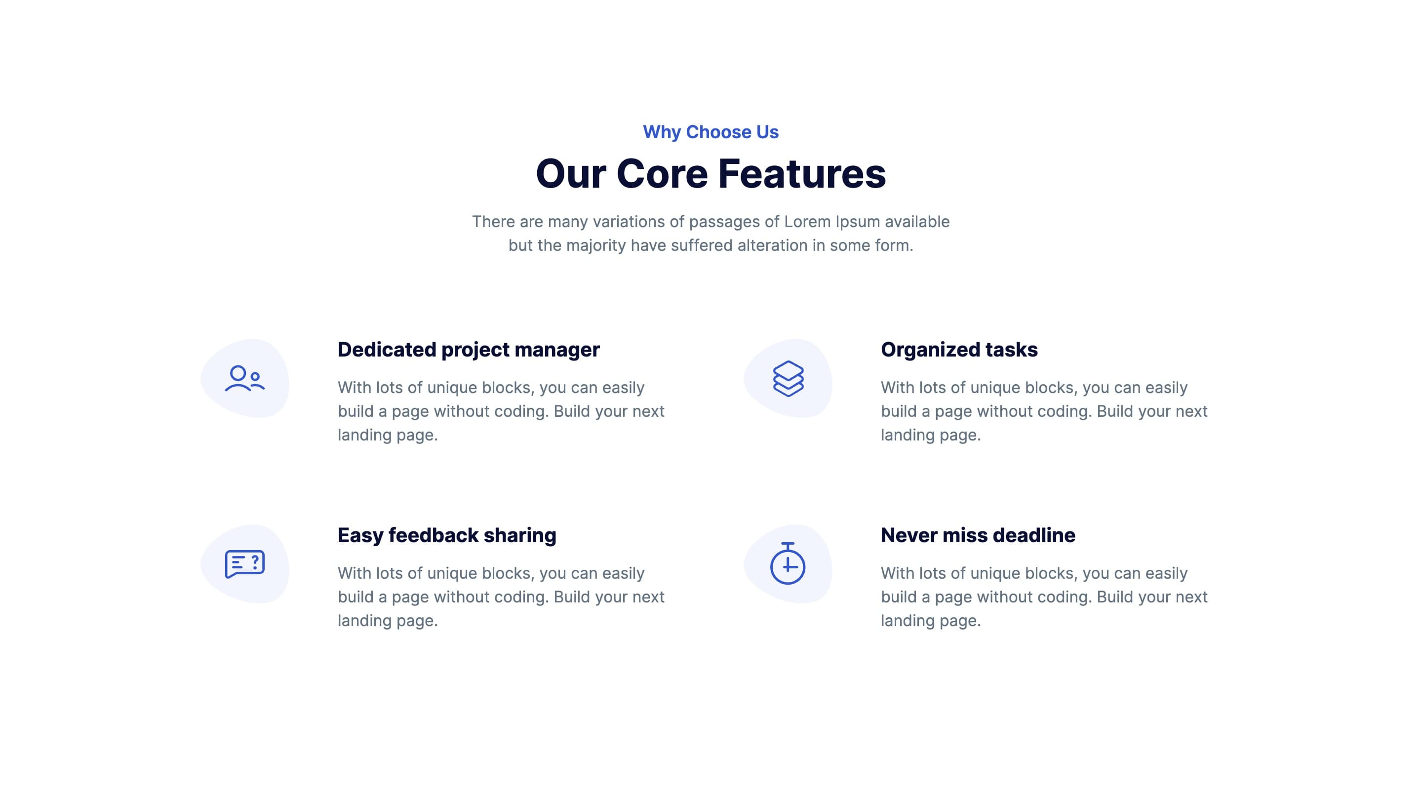 Core Features Section with Icons and Text