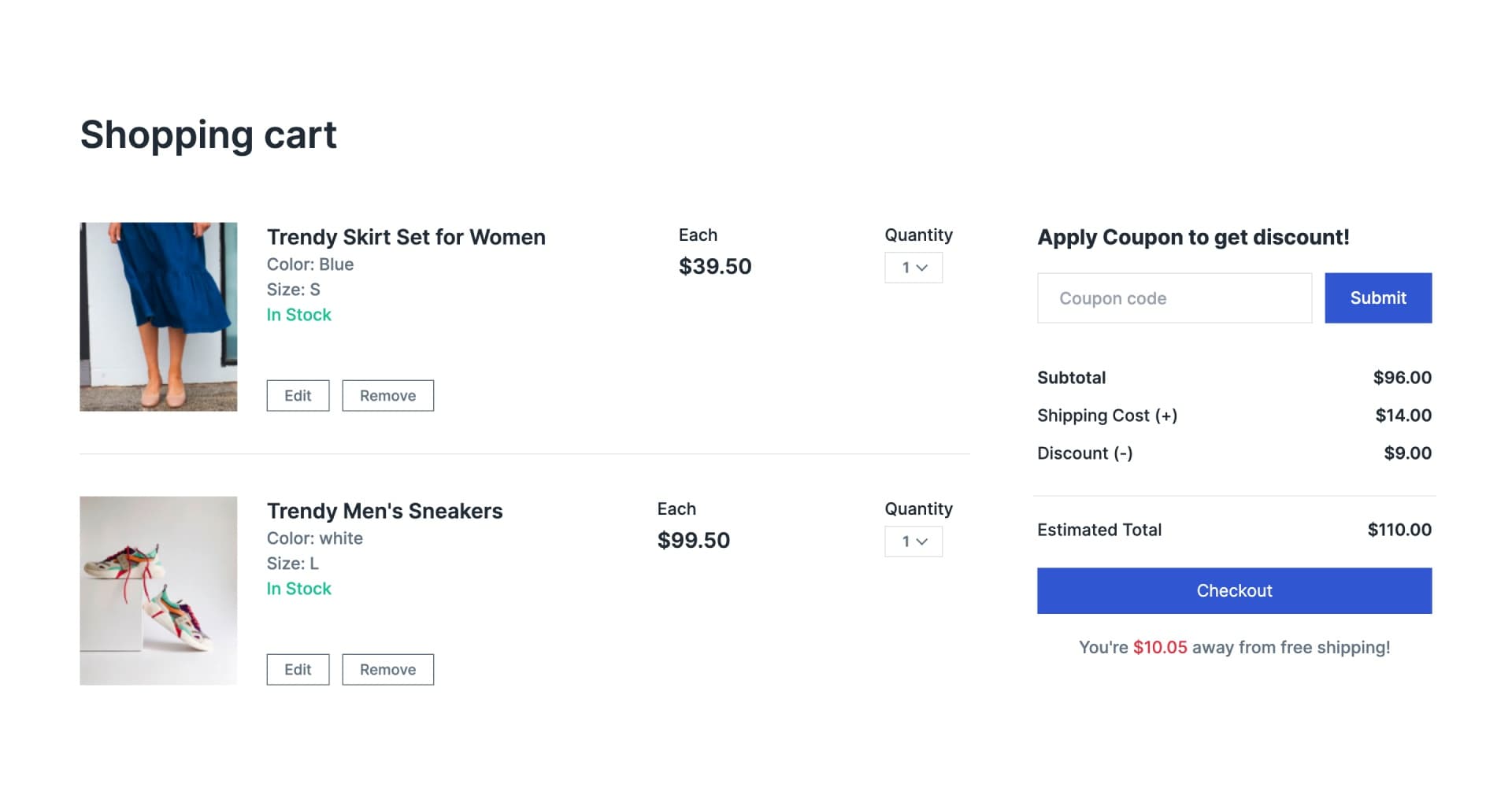 React Shopping Cart Summary with Details and Coupon Code