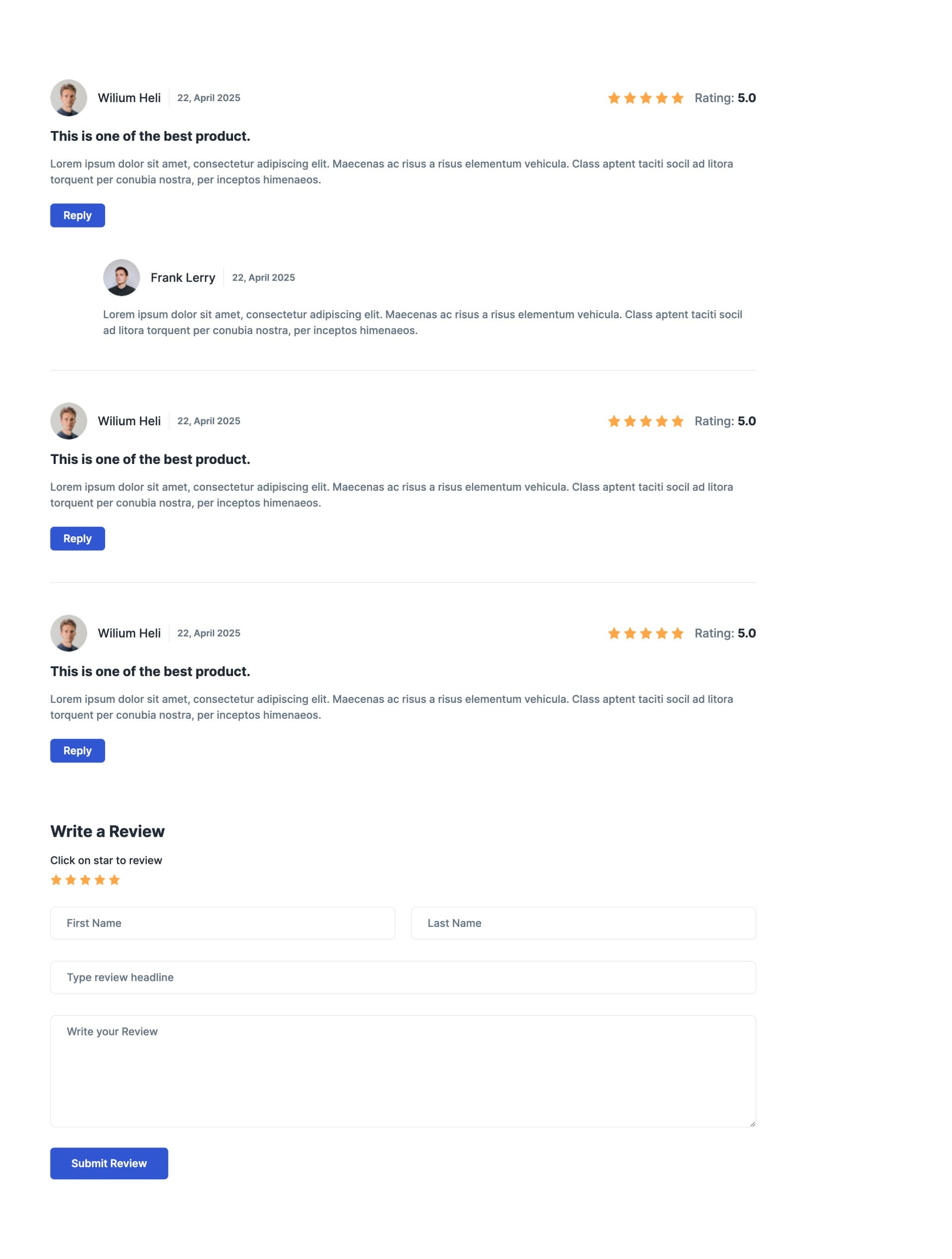 Customer Review with Threaded Replies and Form