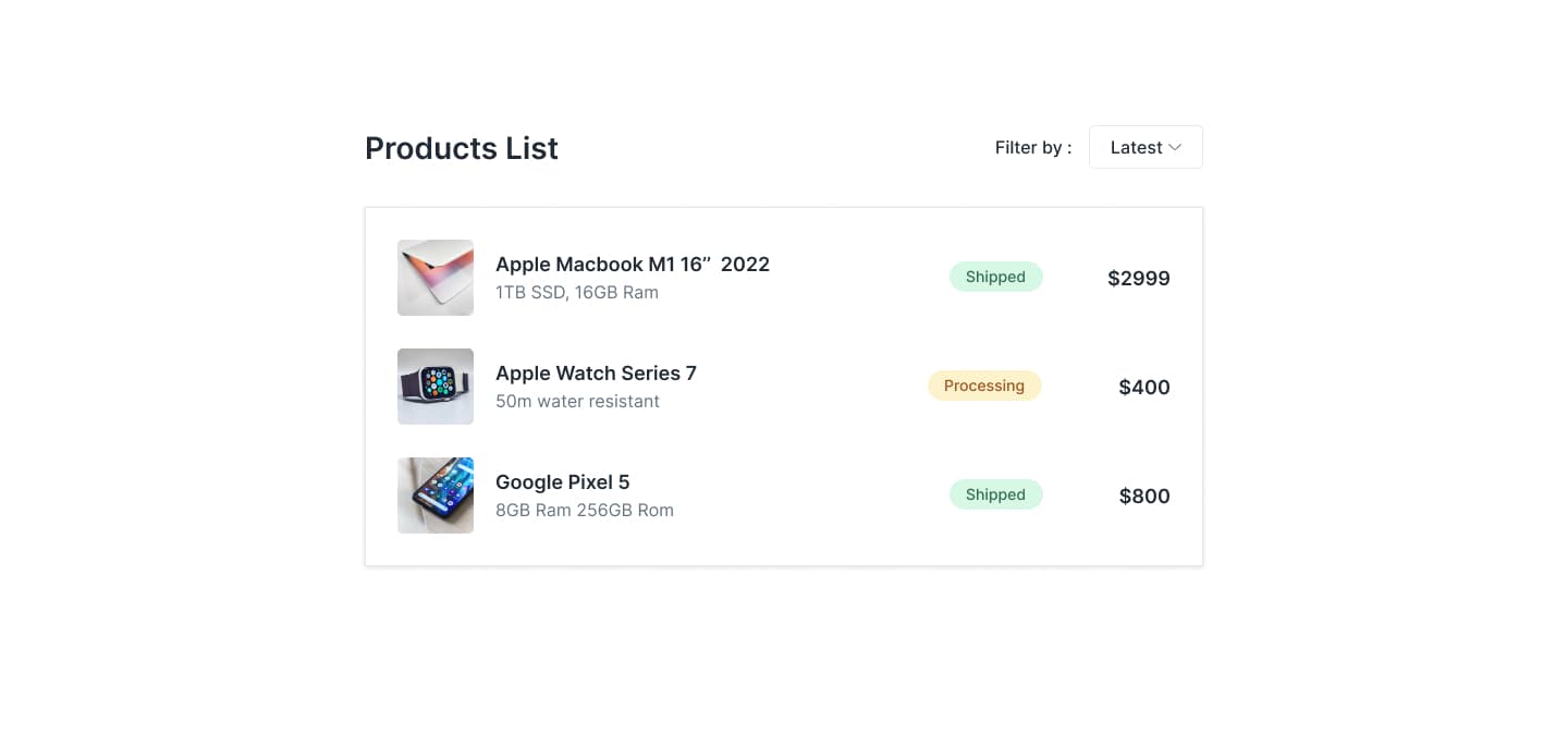 Product List Table Stack