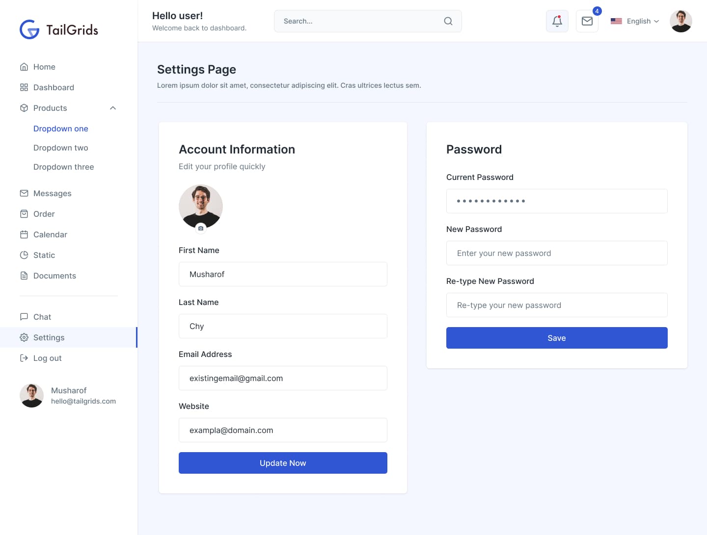 React User Profile Settings Page