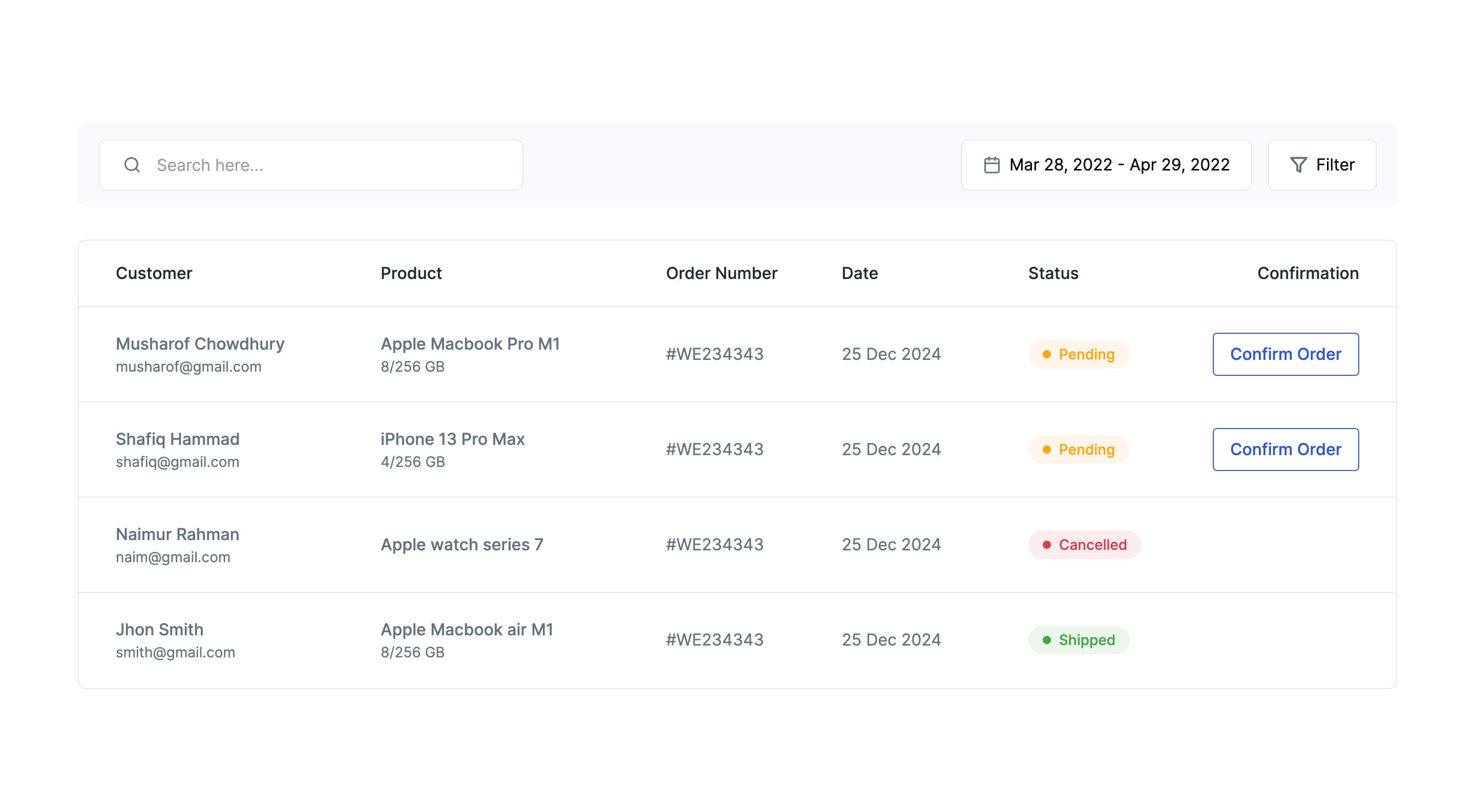 React Order Management Table with Filtering and Sorting