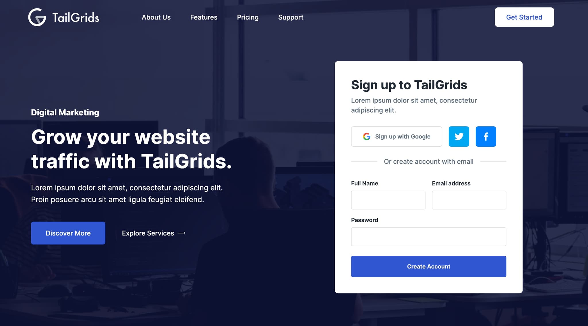 Tailwind Headers & Hero Area - Components and Sections | TailGrids
